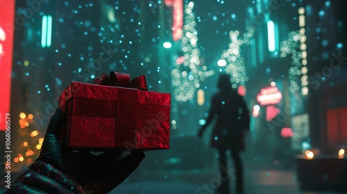 Gift-giving spirit captured with an anonymous figure holding a present during Christmas photo