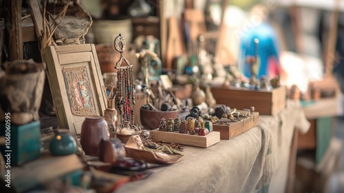 A stall at a flea market with various handcrafted items, trinkets, and vintage finds.