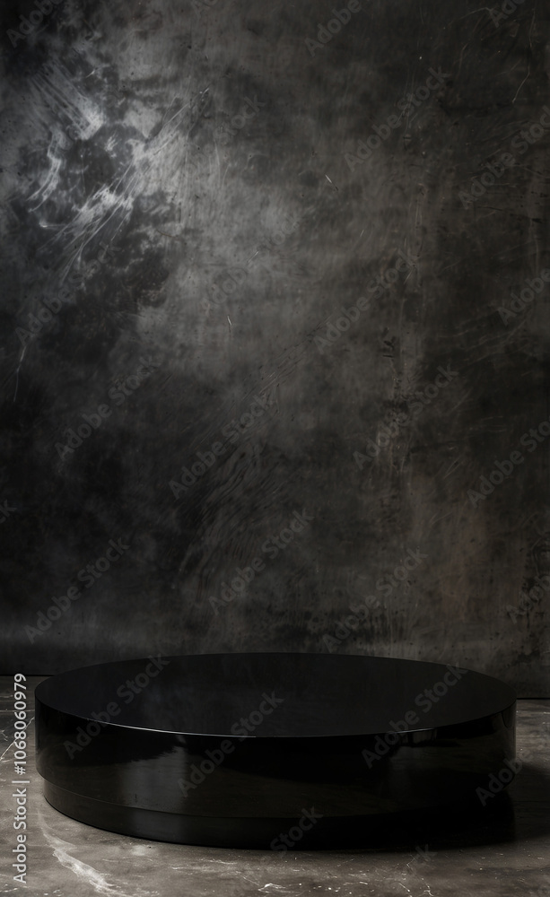 Empty high-gloss black platform on a smoky backdrop. Created with generative AI technology Empty high-gloss black platform on a smoky backdrop. Created with generative AI technology