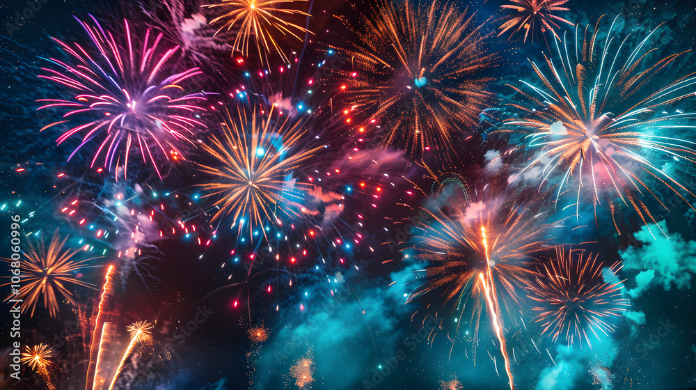 Fototapeta premium Fireworks Display Celebrating the Arrival of 2025 in the Night Sky