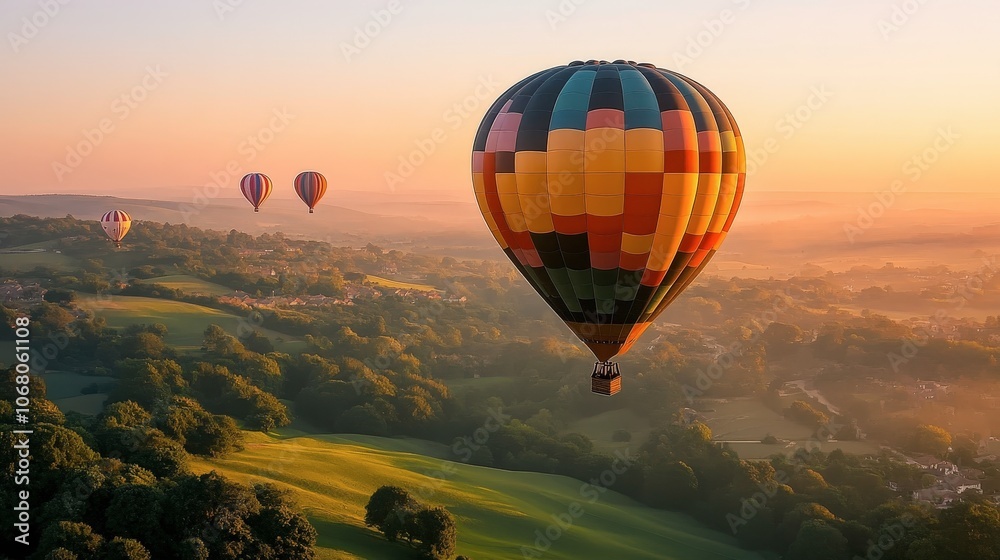 Naklejka premium Colorful Hot Air Balloons Over Green Valleys at Sunrise