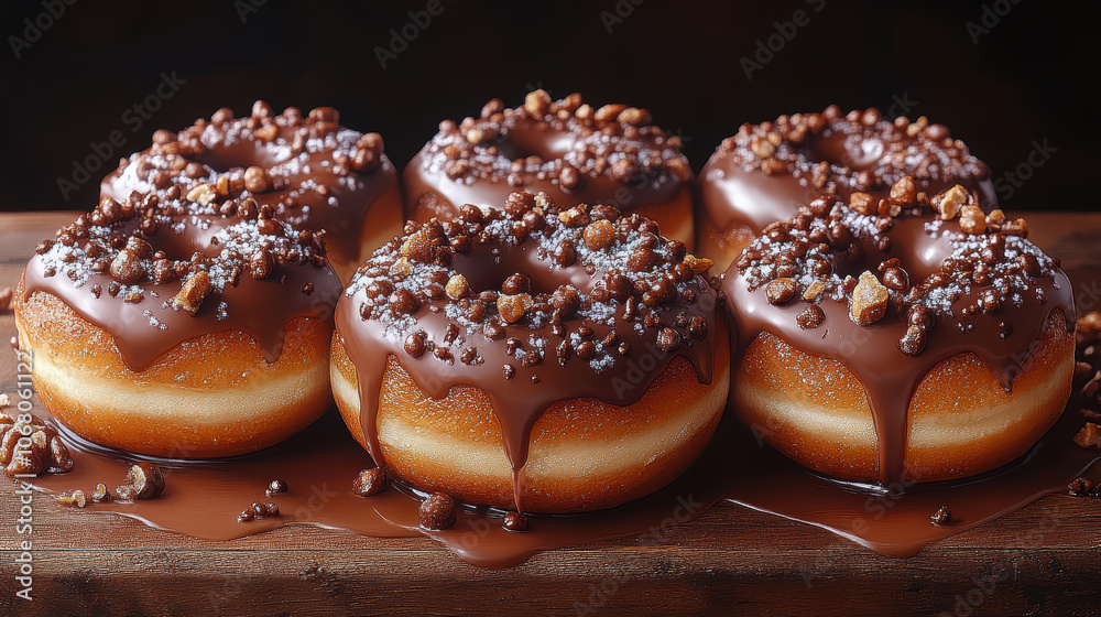 A row of chocolate covered donuts with sprinkles on top. The donuts are arranged on a wooden table A row of chocolate covered donuts with sprinkles on top. The donuts are arranged on a wooden table