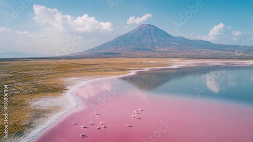 36.Aerial view of Ol Doinyo Lengai volcano towering over Lake Natron, vast pink salt flats below, thousands of Lesser Flamingos dotting the shallow waters, rugged volcanic landscape, pristine natural photo