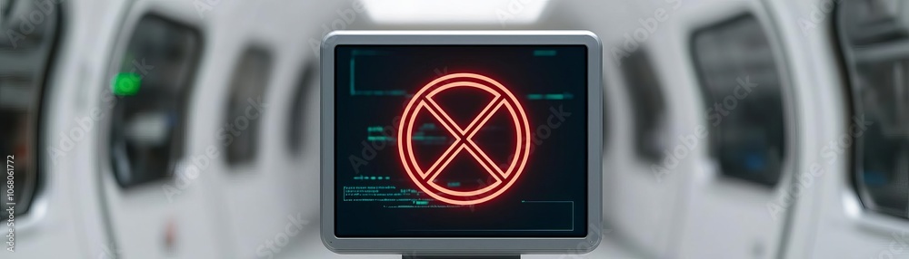 Biosafety symbol glowing on a digital screen, with delicate lab equipment in the background, bright and secure lab environment, conveying controlled scientific precision Biosafety symbol glowing on a digital screen, with delicate lab equipment in the background, bright and secure lab environment, conveying controlled scientific precision