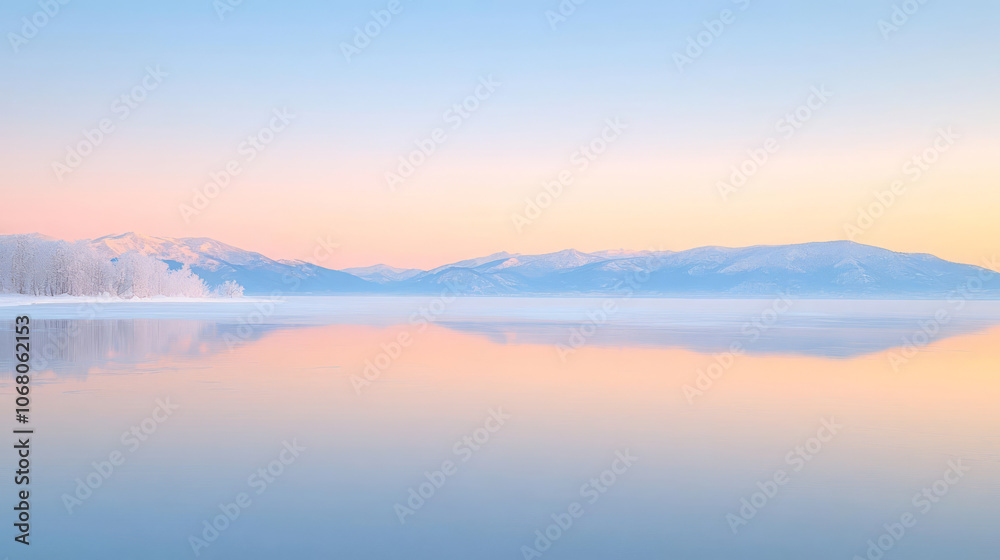 Fototapeta premium frozen lake with crystal clear ice reflecting pastel sky at dawn