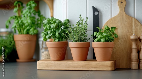 A stylish arrangement of potted herbs on a kitchen counter, enhancing the culinary space with vibrant greenery and natural beauty.