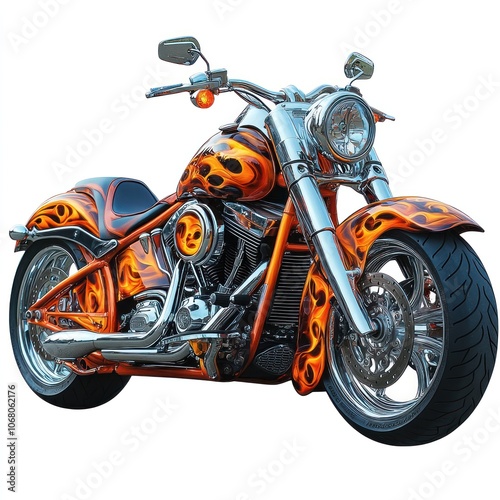 A chrome motorcycle with flames painted on the tank. photo