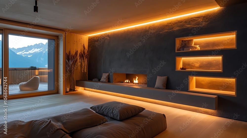 Modern Wooden Shelf with Stone Wall Background