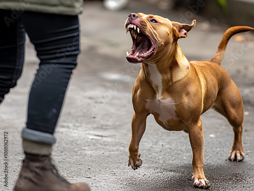 American Staffordshire Terrier barking at a person
