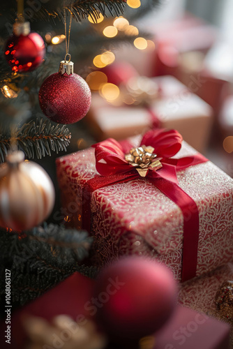 Beautifully wrapped presents under Christmas tree with ornaments