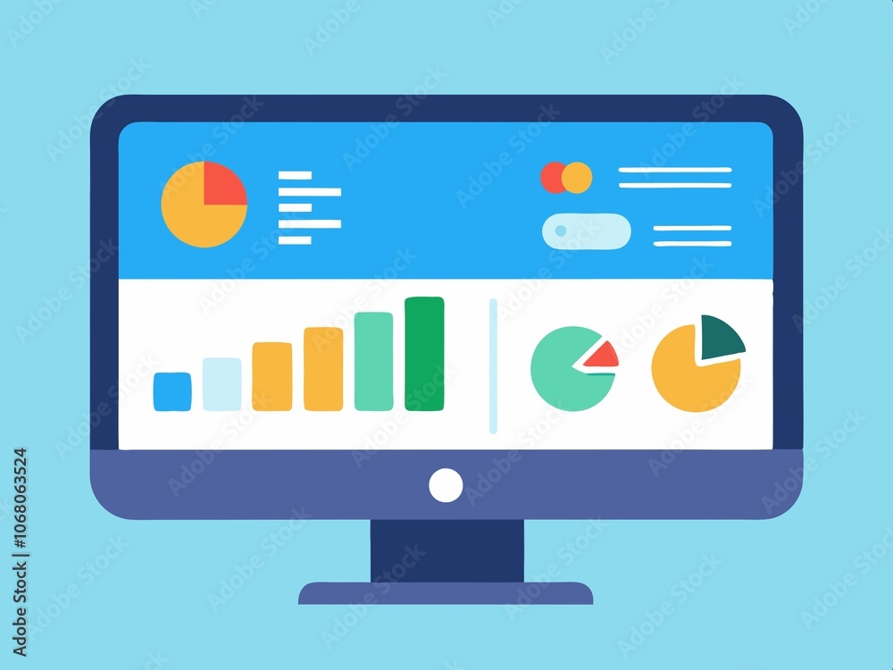 Flat vector illustration of modern digital devices with graphs on their screens, showcasing business technology and web design concepts Flat vector illustration of modern digital devices with graphs on their screens, showcasing business technology and web design concepts