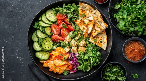 A vibrant salad featuring fresh vegetables, grilled chicken, and flatbread arranged beautifully in a black bowl.