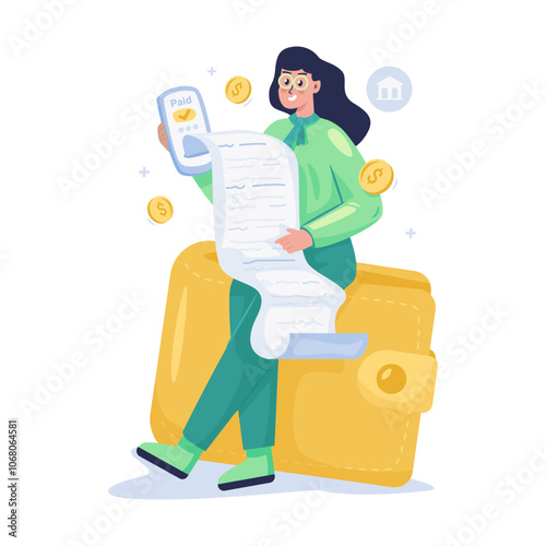 A girl sitting on wallet with mobile banking transaction vector illustration