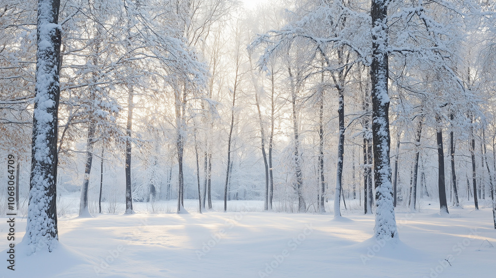 Tranquil snowy forest with soft winter light Tranquil snowy forest with soft winter light