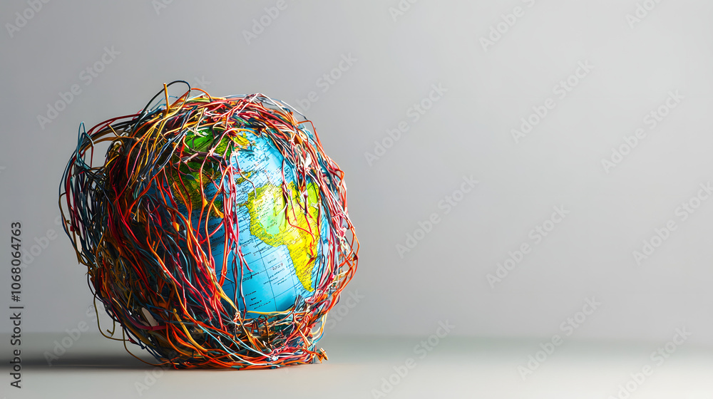 A globe surrounded by tangled and broken communication wires, symbolizing disrupted global connections and internet issues
A globe surrounded by tangled and broken communication wires, symbolizing disrupted global connections and internet issues