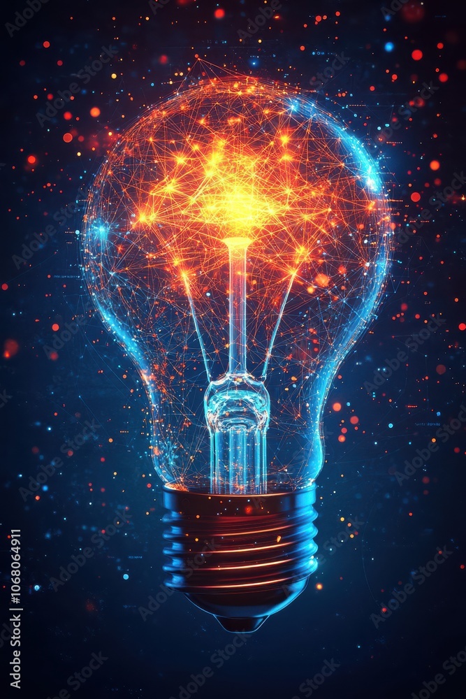 Digital illustration of a light bulb with luminous dots and lines on a blurred background Digital illustration of a light bulb with luminous dots and lines on a blurred background