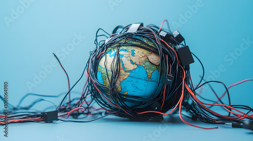 A globe surrounded by tangled and broken communication wires, symbolizing disrupted global connections and internet issues 