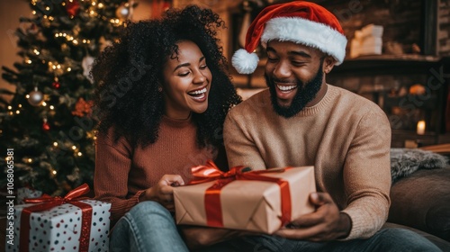 Man and Woman Wearing Santa Hats Celebrating Christmas with Gifts photo