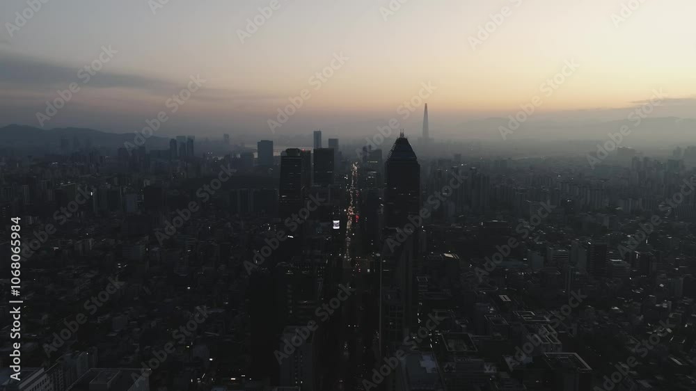 Drone View of Seoul city in South Korea, Sunrise of Gangnam financial district, Autumn 60fps Drone View of Seoul city in South Korea, Sunrise of Gangnam financial district, Autumn 60fps