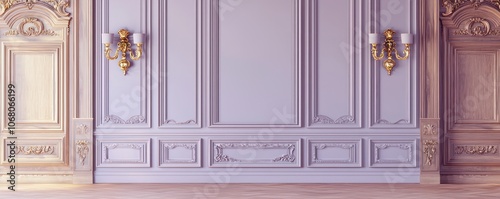 Pale lavender walls with wood paneling and vintage gold sconces.