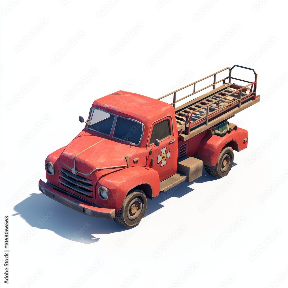 Low Poly 3D Render of a classic fire truck with a ladder and bright red color, on isolated white background Low Poly 3D Render of a classic fire truck with a ladder and bright red color, on isolated white background