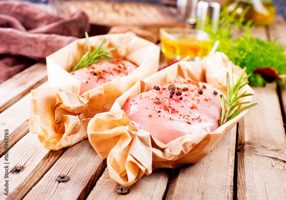 Fresh chicken breast fillet on a wooden table Fresh chicken breast fillet on a wooden table