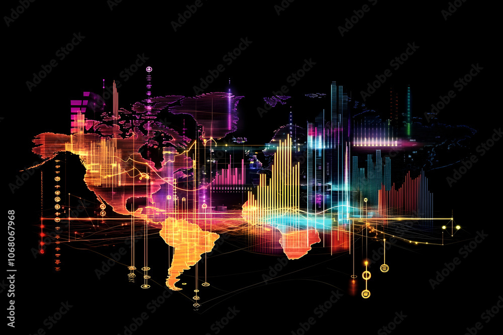 A dynamic neon wireframe infographic illustrating interconnected global markets, with floating neon graphs and data points, all on a dark background. A dynamic neon wireframe infographic illustrating interconnected global markets, with floating neon graphs and data points, all on a dark background.
