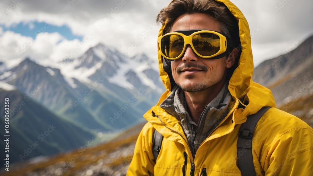 A hiker in a yellow jacket and sunglasses enjoys the mountain scenery under a cloudy sky A hiker in a yellow jacket and sunglasses enjoys the mountain scenery under a cloudy sky