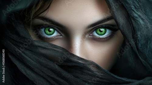 Close-up of a woman with striking green eyes, suitable for beauty or photography themes