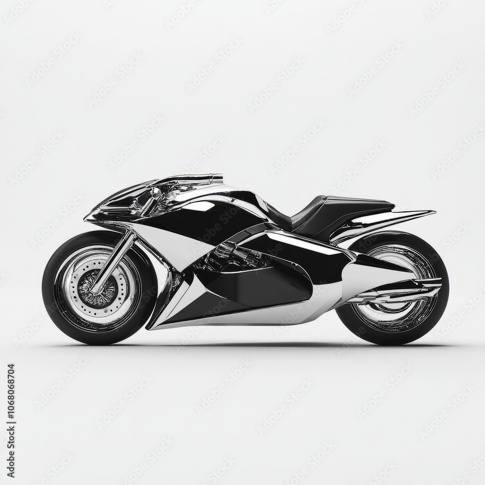 Low Poly 3D Render of a sleek motorcycle with an aerodynamic shape and shiny chrome accents, on isolated white background Low Poly 3D Render of a sleek motorcycle with an aerodynamic shape and shiny chrome accents, on isolated white background