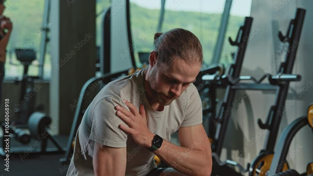 Young man in sportswear doing biceps exercises with dumbbells and taking breaks to hydrate with water while sitting on bench press. Workout routine in gym. Indoors Young man in sportswear doing biceps exercises with dumbbells and taking breaks to hydrate with water while sitting on bench press. Workout routine in gym. Indoors