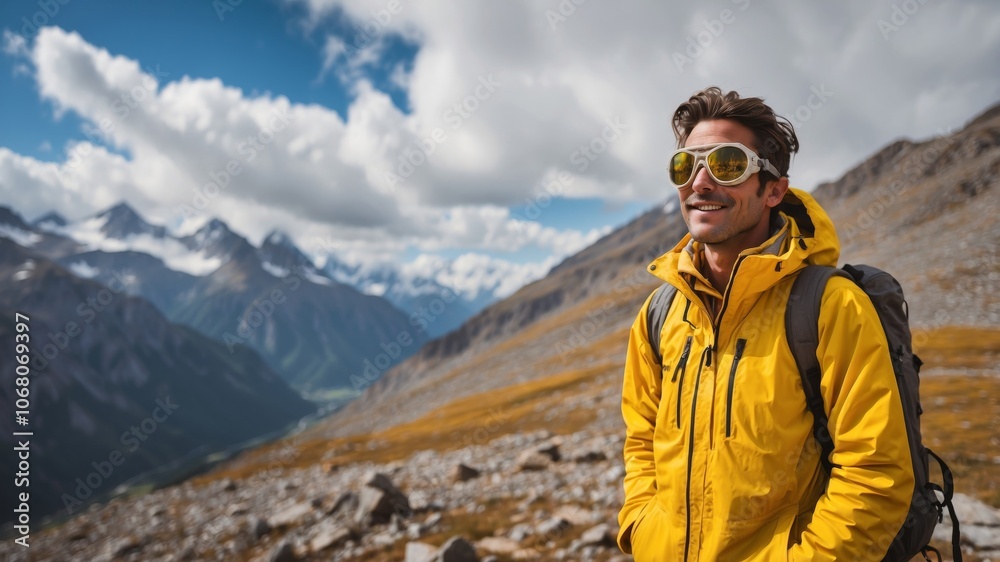 A hiker smiles while exploring scenic mountain trails on a sunny day in the Alps A hiker smiles while exploring scenic mountain trails on a sunny day in the Alps