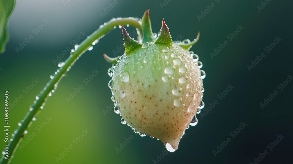 Fresh Strawberry Bud with Dew Drops on Green Background Fresh Strawberry Bud with Dew Drops on Green Background