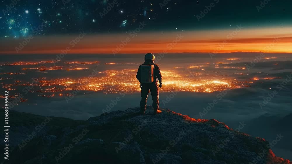 Astronaut Overlooking Illuminated City at Dusk Seamless Loop Astronaut Overlooking Illuminated City at Dusk Seamless Loop
