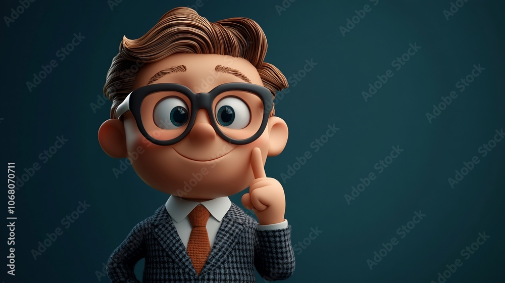 A cartoon businessman wearing a suit and glasses, smiling and looking to the side with his index finger raised as if he has an idea. A cartoon businessman wearing a suit and glasses, smiling and looking to the side with his index finger raised as if he has an idea.