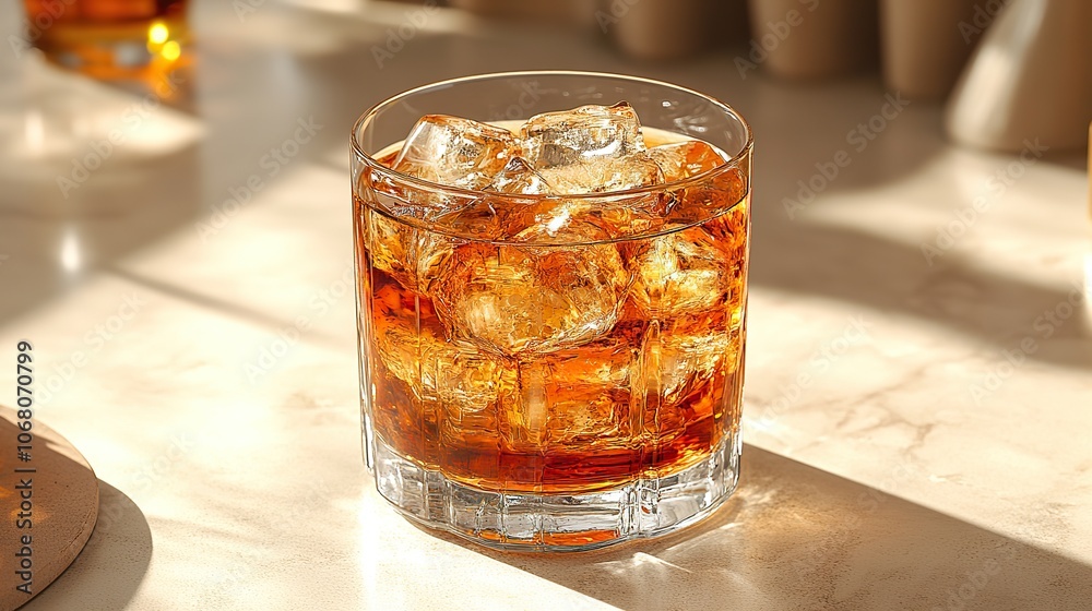 A scotch whiskey glass filled with ice sits on a beige backdrop, designed for a bar or restaurant menu focusing on alcoholic beverages. A scotch whiskey glass filled with ice sits on a beige backdrop, designed for a bar or restaurant menu focusing on alcoholic beverages.