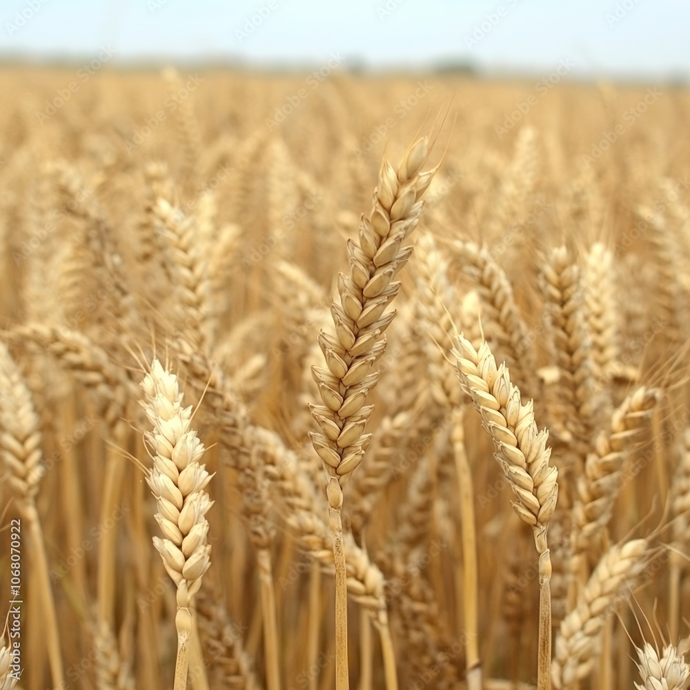 A close-up view of golden wheat stalks in a field under a clear sky. A close-up view of golden wheat stalks in a field under a clear sky.