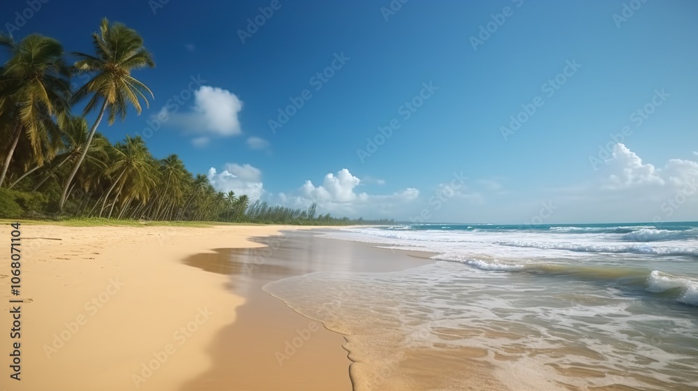 Serene Beach with Crystal Clear Water and Palm Trees Serene Beach with Crystal Clear Water and Palm Trees