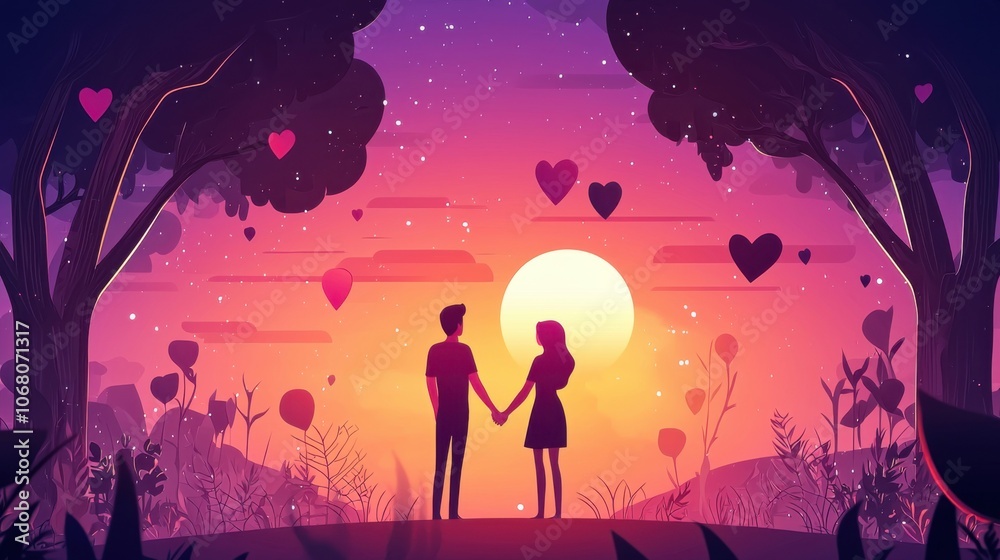 Romantic Sunset Silhouette with Hearts and Nature Romantic Sunset Silhouette with Hearts and Nature