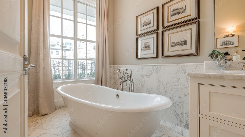 Elegant Bathroom with Freestanding Bathtub and Art