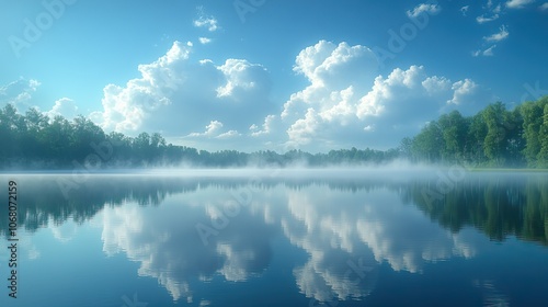 A serene landscape of a misty lake with clouds reflected on the water surface, designed for nature-themed posters, banners, or eco-tourism promotional materials with copy space.