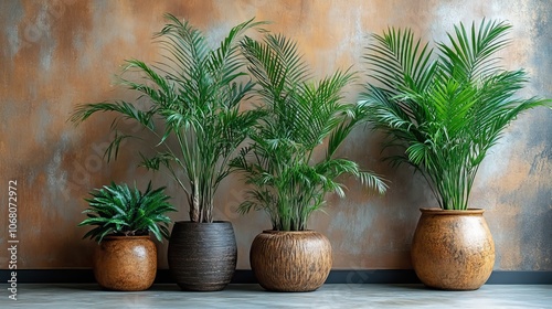 A set of tropical house plants in decorative pots, designed for botanical enthusiasts and interior design, capturing the essence of trendy greenery in home decor.