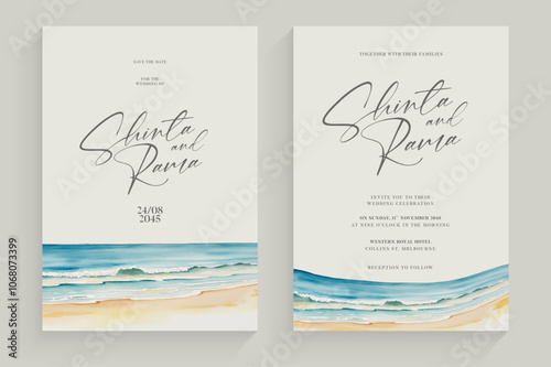 minimalist wedding invitation template with a serene beach setting
