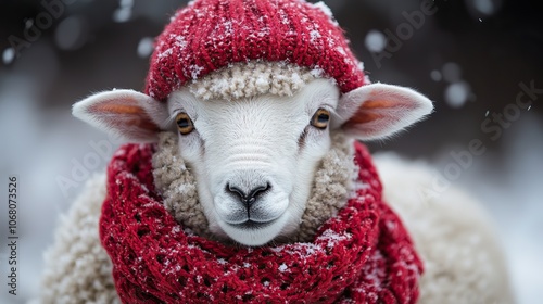 A sheep bundled in a red knit hat and scarf, standing in snow, portraying a festive winter nature scene. photo