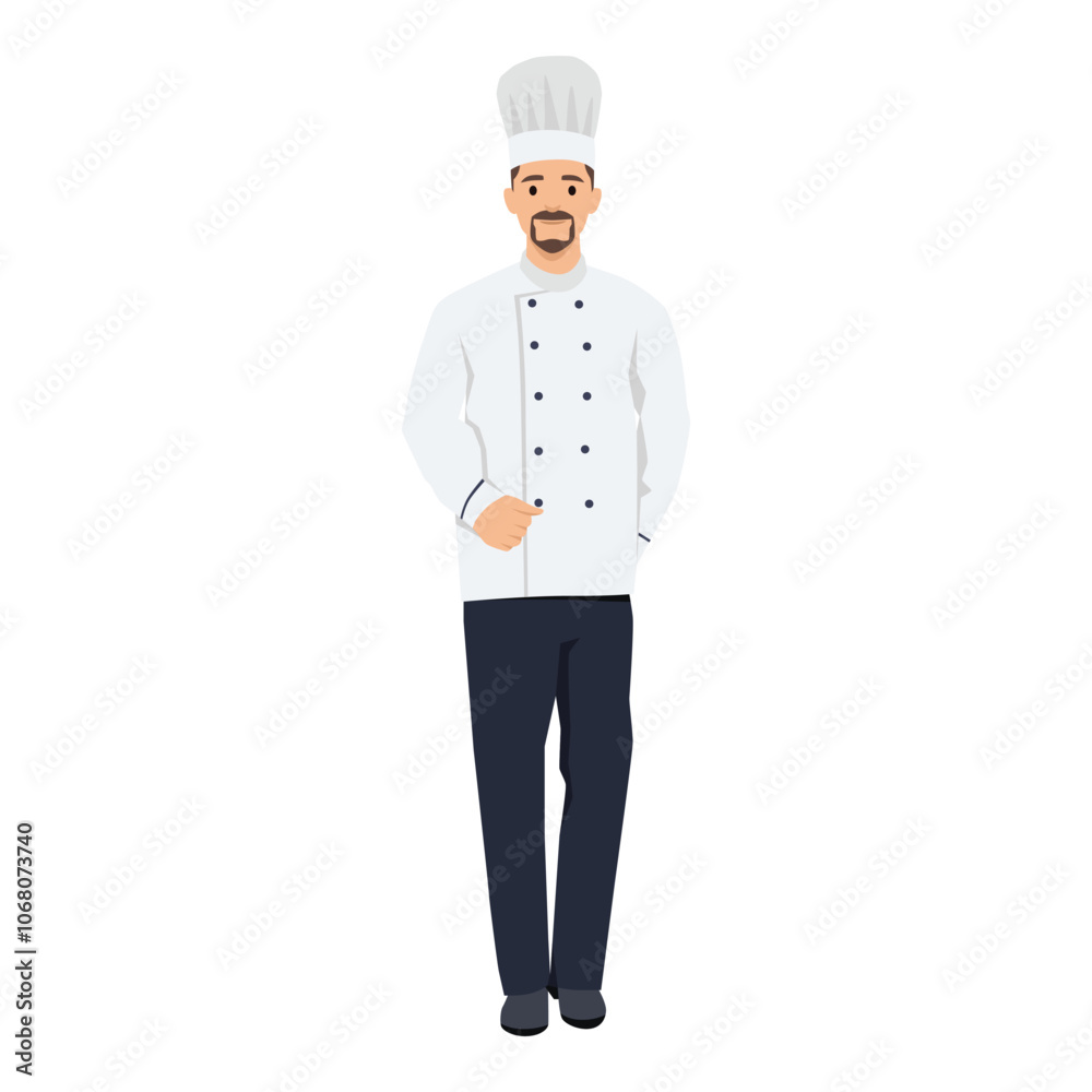 Young Bearded chef in cook cap standing with uniform. Flat vector illustration isolated on white background