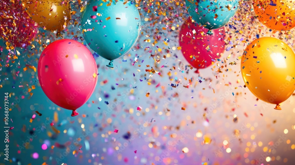 Confetti and balloons falling over a crowd, lively New Year party, bright colors, high energy, Confetti and balloons falling over a crowd, lively New Year party, bright colors, high energy,