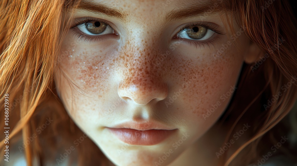 Serious freckled girl, close-up portrait with natural expression