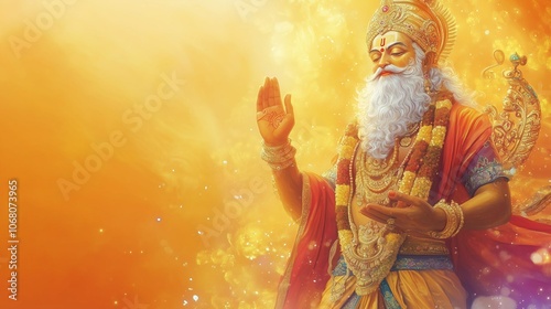 Illustration with free space for text, hindu god lord Vishwakarma, blessing with the right hand photo