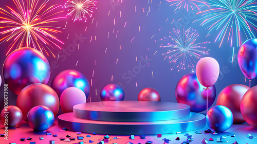 New Year 2025, Festive scene with podium and fireworks on background, for cards, invitations and celebration posters photo