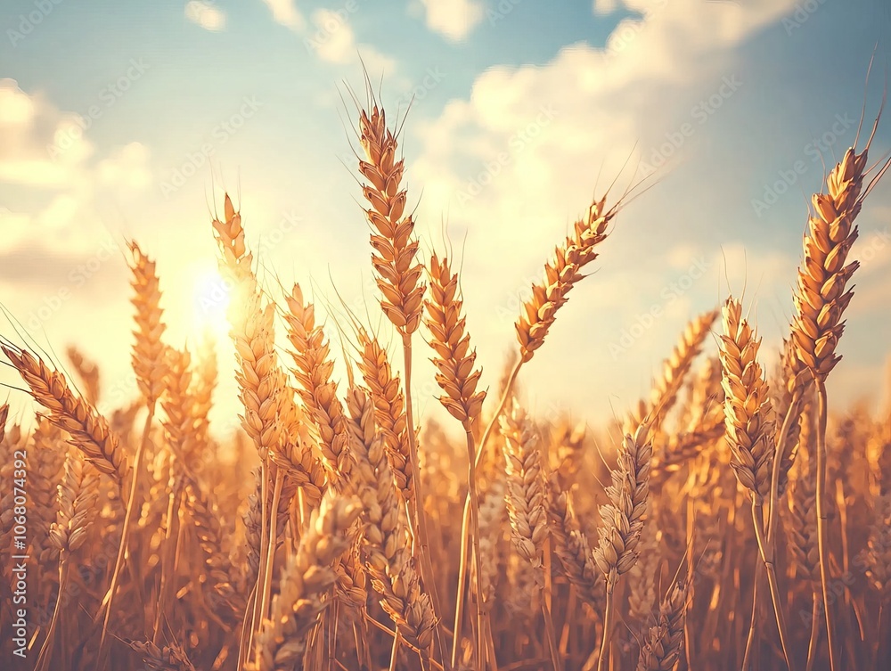A golden wheat field under a bright sky at sunset. A golden wheat field under a bright sky at sunset.
